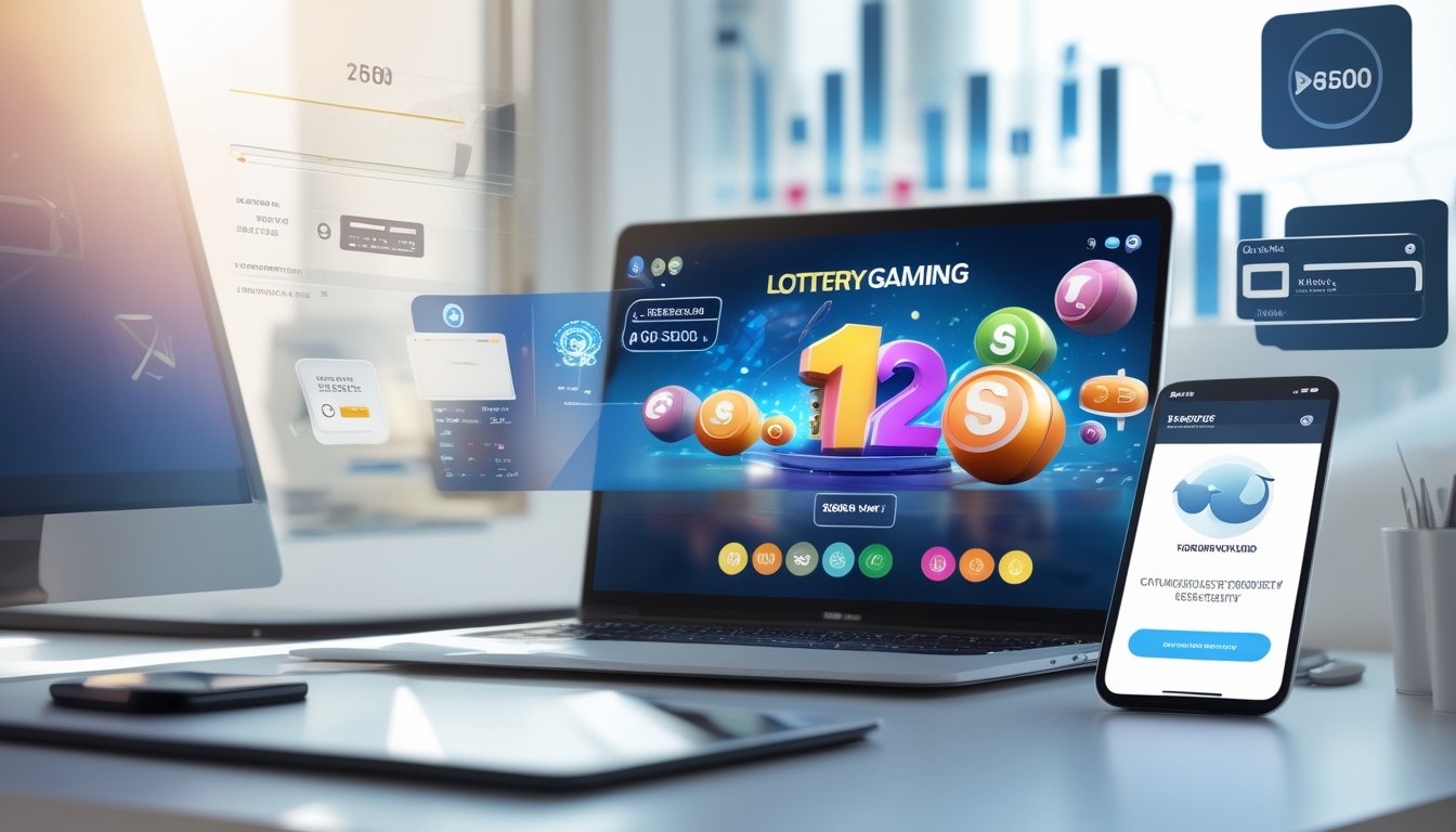 Seorang pengguna sedang menggunakan laptop dan ponsel pintar untuk bermain togel 3D online dengan tampilan transaksi cepat di meja kerja modern.