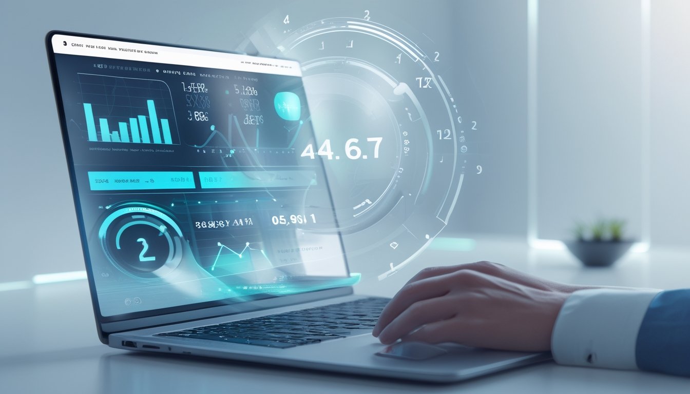Seseorang menggunakan komputer dengan layar menampilkan grafik dan angka analisis statistik togel 4D modern.