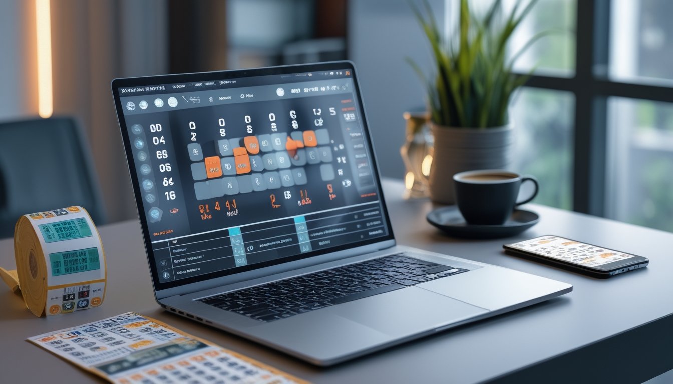 Sebuah ruang kerja modern dengan laptop, tiket lotere, dan ponsel yang menampilkan antarmuka platform lotere online yang stabil.