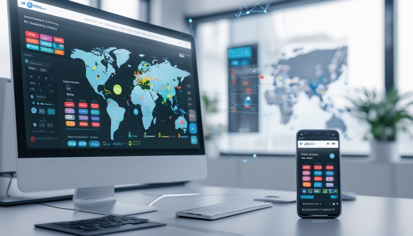 Sebuah layar komputer dan ponsel menampilkan antarmuka digital dengan grafik dan angka terkait pasar lotere internasional dan lokal di sebuah kantor modern.