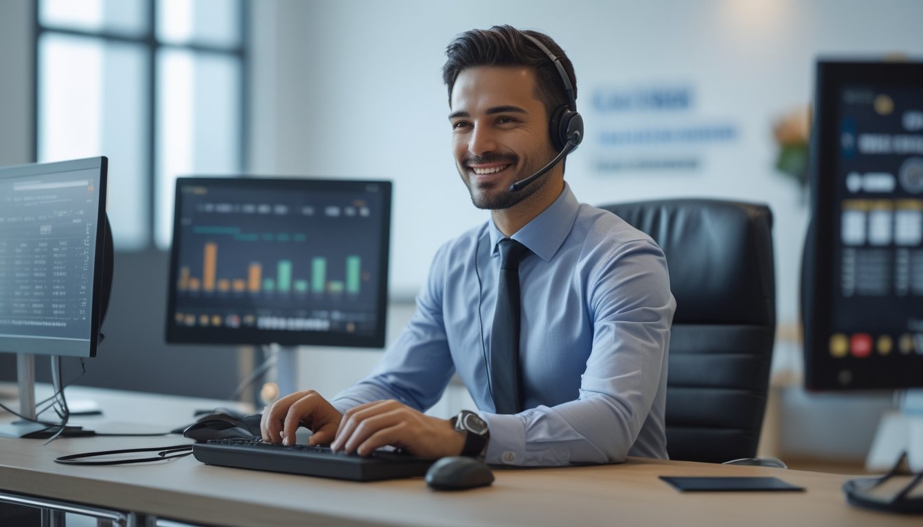 Seorang pria staf layanan pelanggan menggunakan headset di kantor modern dengan beberapa monitor komputer, terlihat fokus dan ramah.