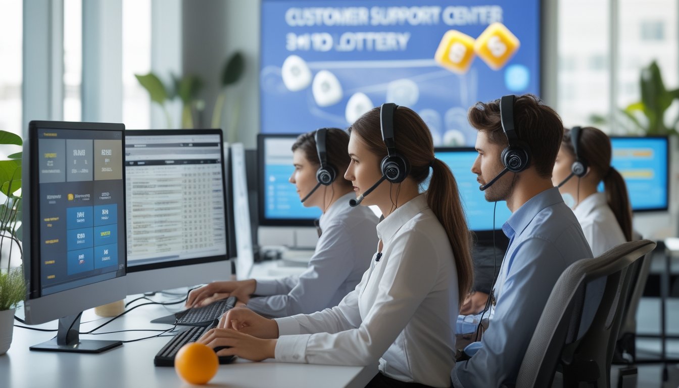 Tim layanan pelanggan yang sedang bekerja di kantor modern dengan komputer dan headset, fokus pada dukungan platform togel 3D.