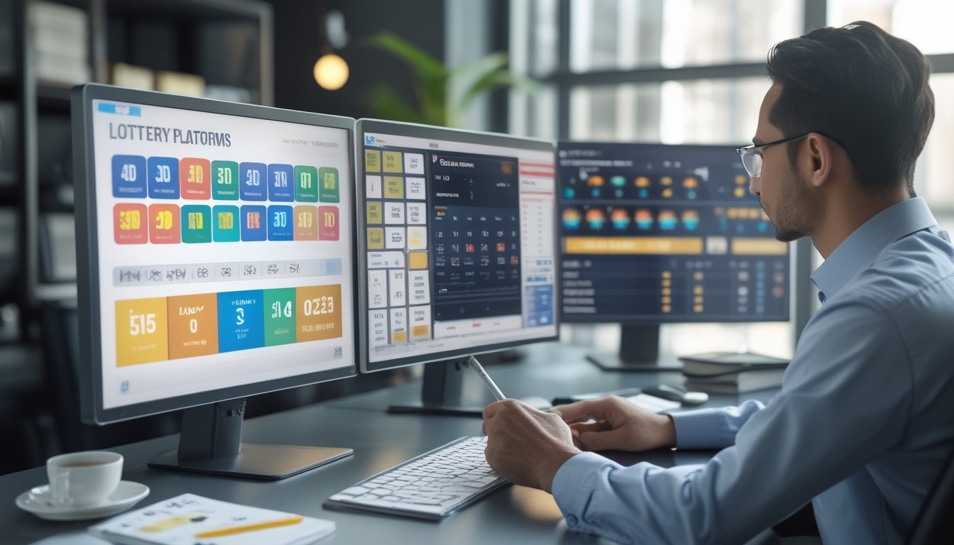 Seorang profesional sedang membandingkan dua platform togel di depan dua layar komputer di ruang kantor modern.