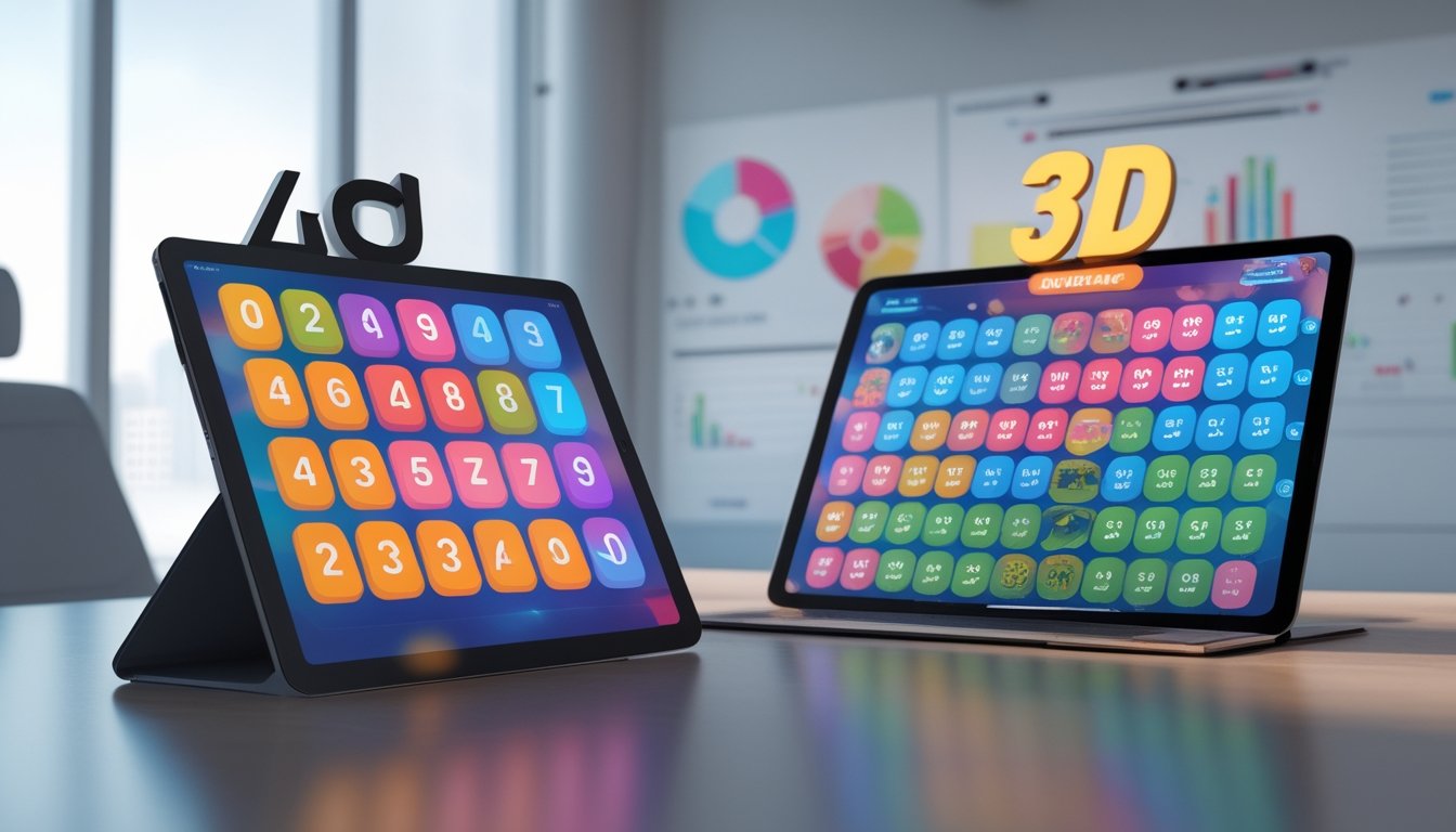 Dua perangkat digital menampilkan angka lotere 4D dan 3D di lingkungan kantor yang terang dan rapi.