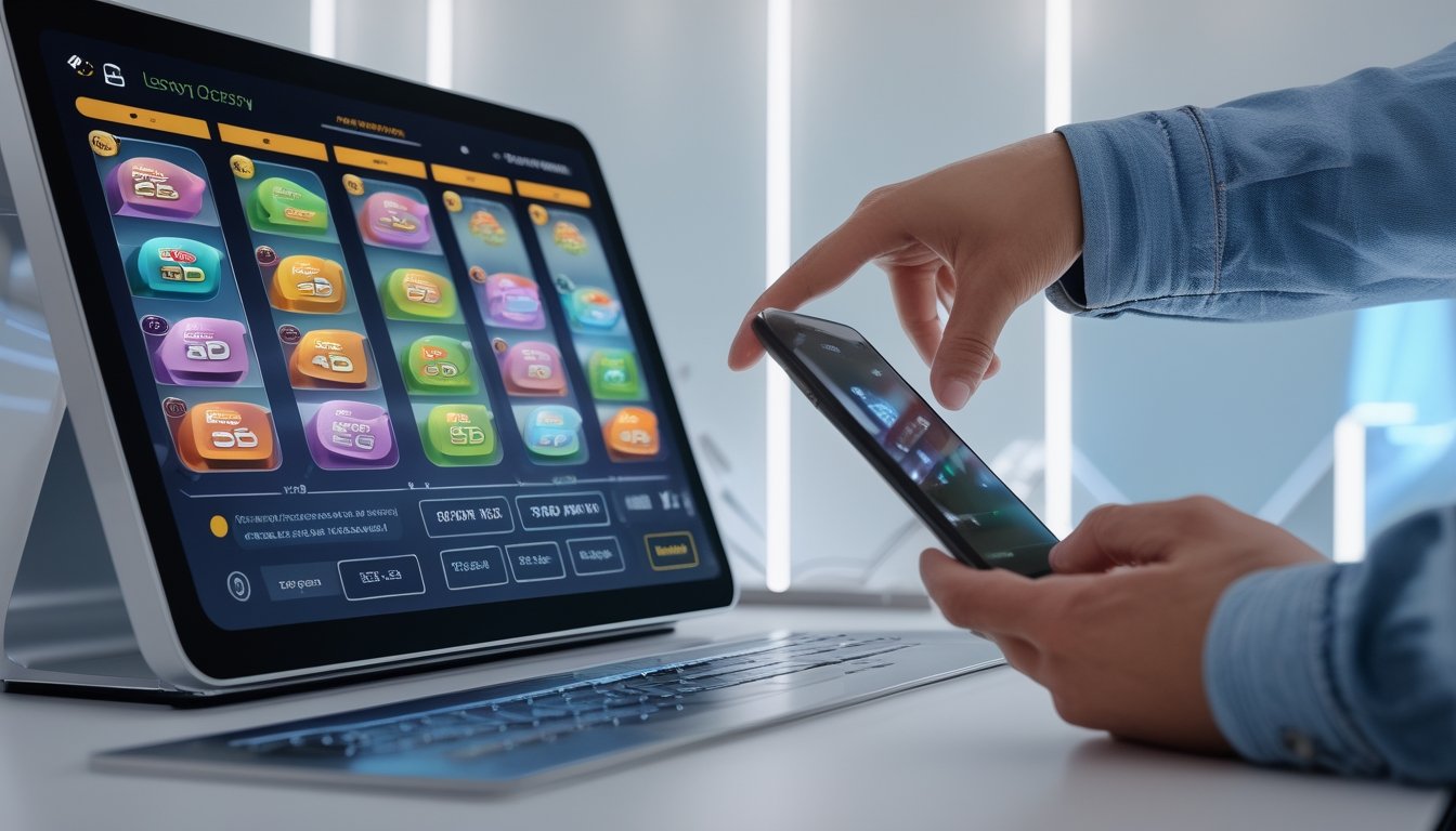 Seseorang menggunakan perangkat digital dengan antarmuka permainan togel 3D dan 4D serta melakukan proses deposit secara praktis.