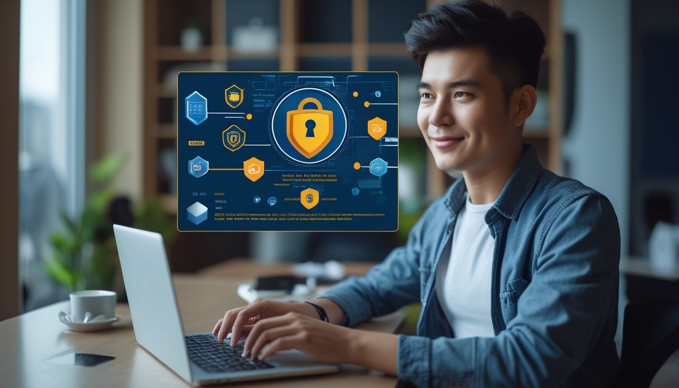 Seorang dewasa muda menggunakan laptop di ruang kerja modern dengan ikon keamanan digital di layar, menunjukkan perlindungan data pribadi dalam platform togel online.
