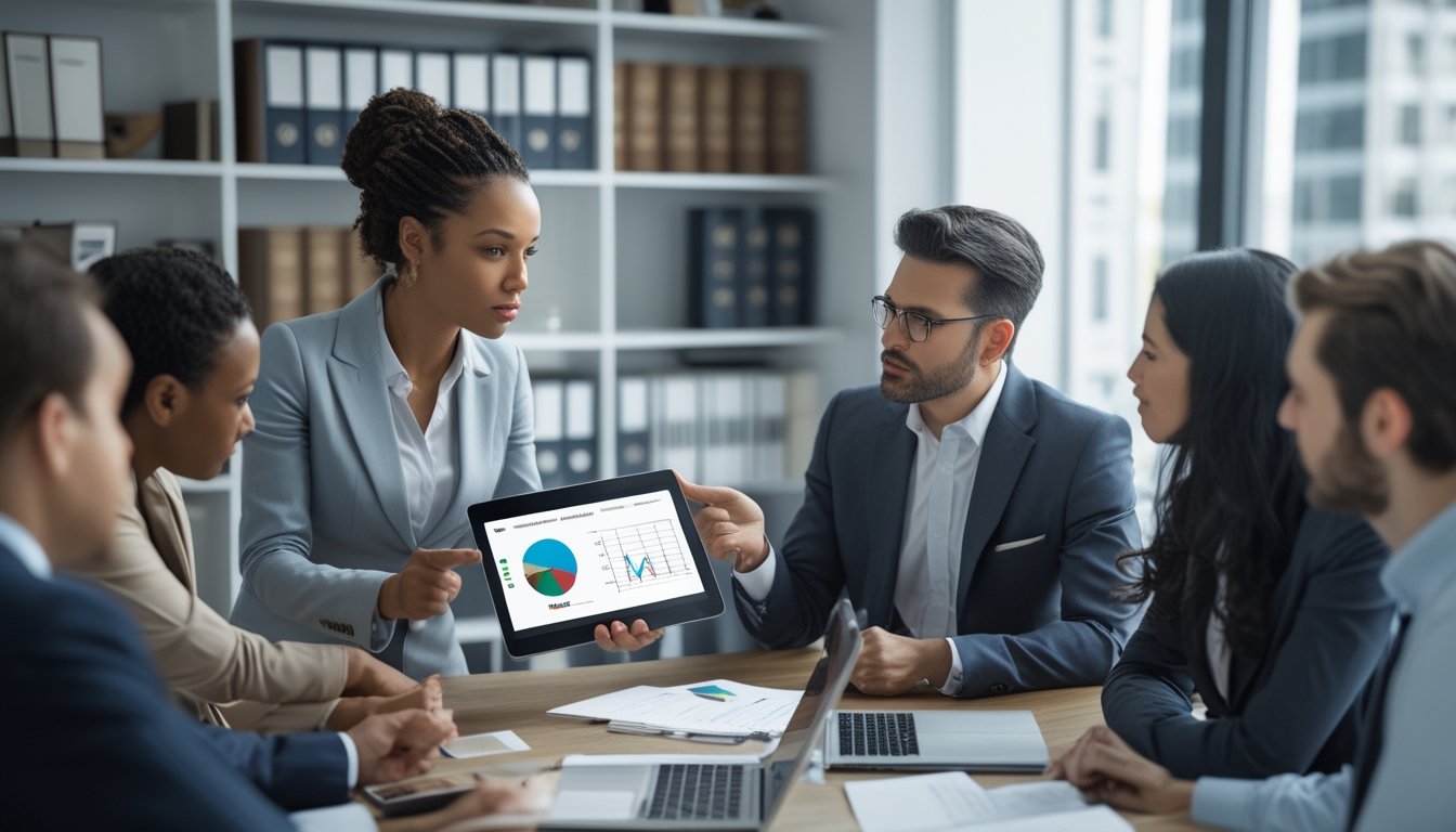 Sekelompok profesional sedang berdiskusi serius di kantor modern tentang aspek legal dan regulasi platform taruhan olahraga online.