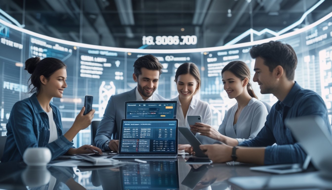 Beberapa orang menggunakan perangkat digital untuk mengakses platform taruhan olahraga dengan tampilan data dan skor olahraga di layar.