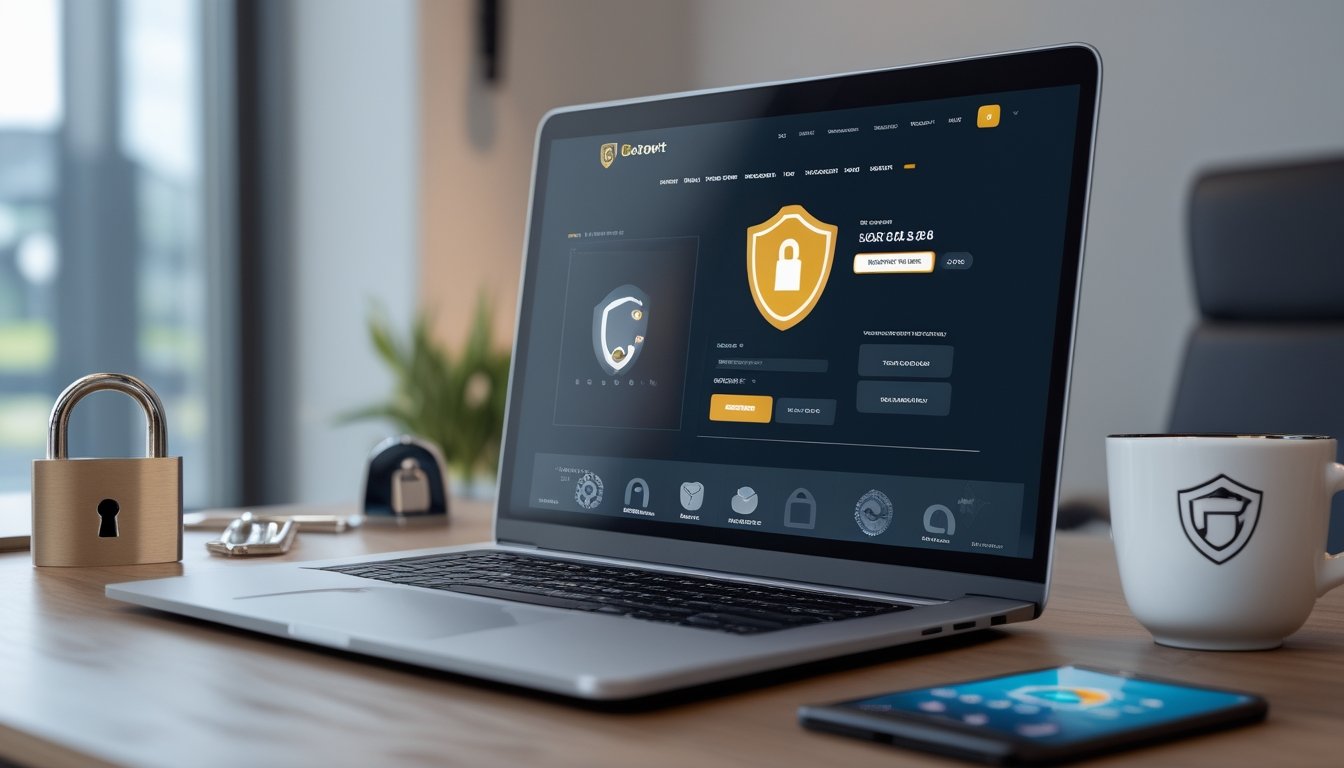 Seorang pria menggunakan laptop di meja kerja dengan ikon keamanan dan elemen terkait keamanan di layar, menggambarkan keamanan pada platform taruhan olahraga online.