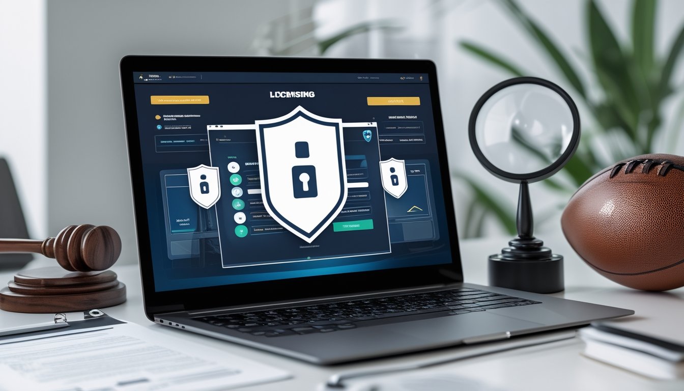 Seorang profesional bekerja dengan laptop yang menampilkan platform taruhan olahraga online yang aman, dikelilingi oleh dokumen resmi dan simbol keamanan.