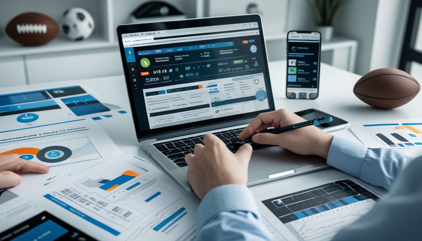 Meja kerja dengan laptop, grafik perbandingan fitur, dan tangan seseorang yang menunjuk ke grafik, di ruang kantor dengan peralatan olahraga di latar belakang.