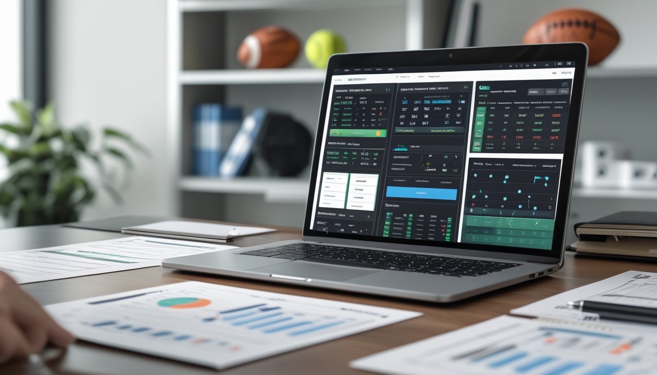 Seorang pengguna baru sedang menganalisis platform taruhan olahraga di ruang kerja modern dengan laptop dan dokumen berisi grafik dan tabel perbandingan.
