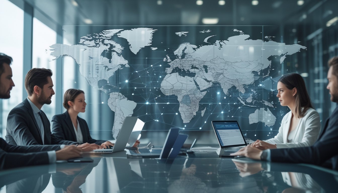 Sekelompok profesional bisnis sedang rapat di kantor modern dengan peta dunia dan grafik di layar, membahas regulasi platform taruhan olahraga di berbagai negara.