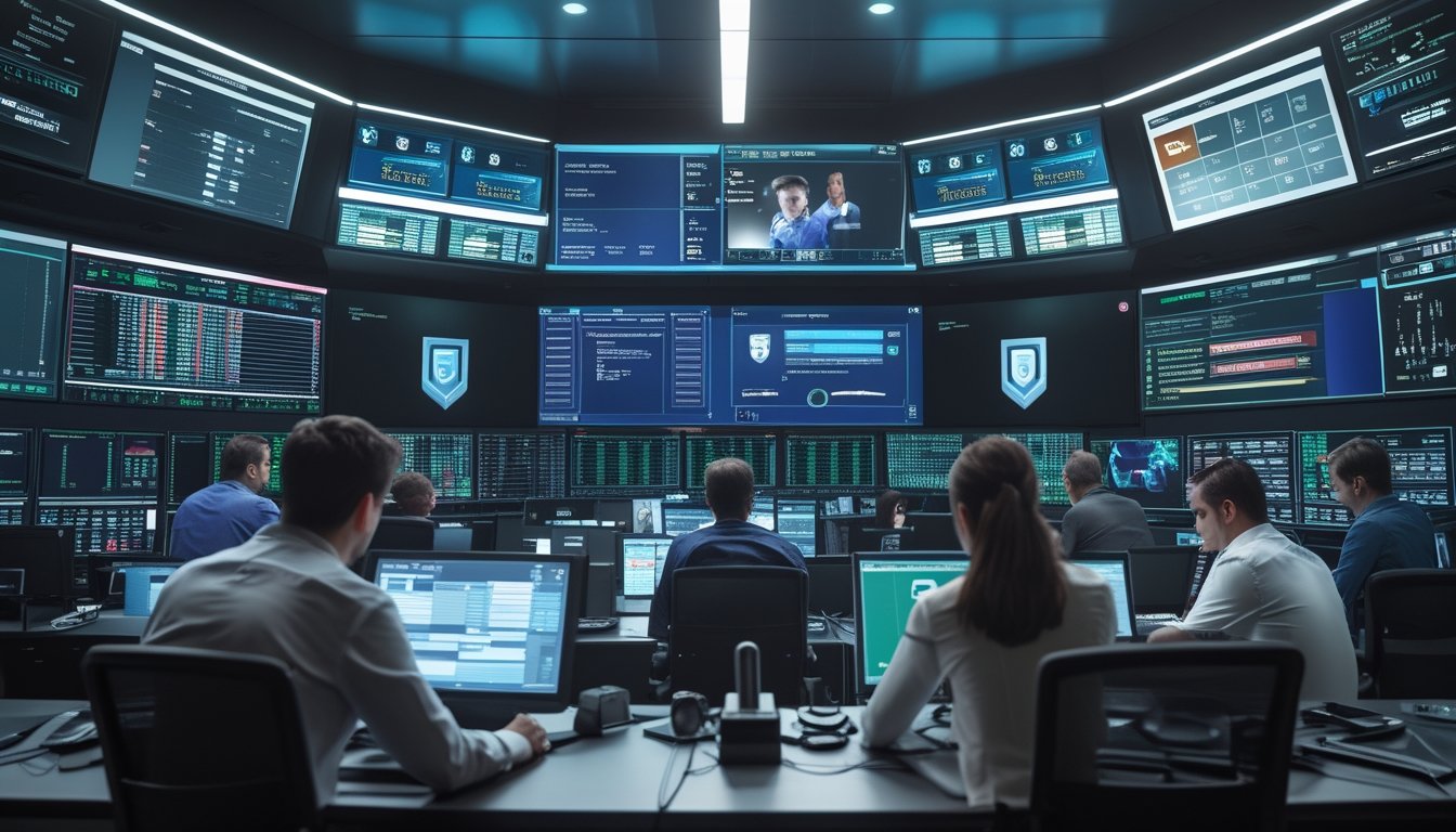 Ruang kendali dengan beberapa monitor besar menampilkan data dan pertandingan olahraga, dengan tim profesional yang memantau dan berdiskusi di lingkungan teknologi canggih.