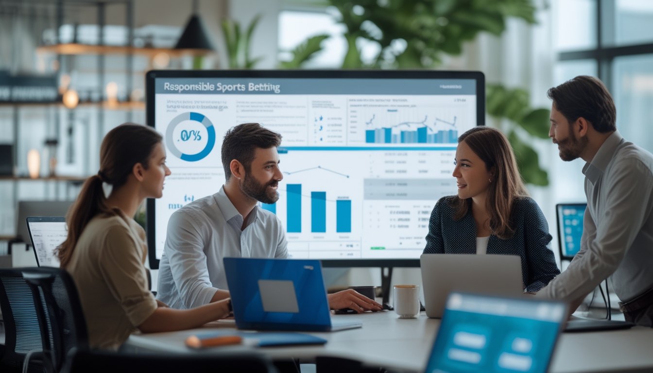 Beberapa orang sedang berdiskusi di kantor modern dengan layar komputer menampilkan grafik dan statistik taruhan olahraga.