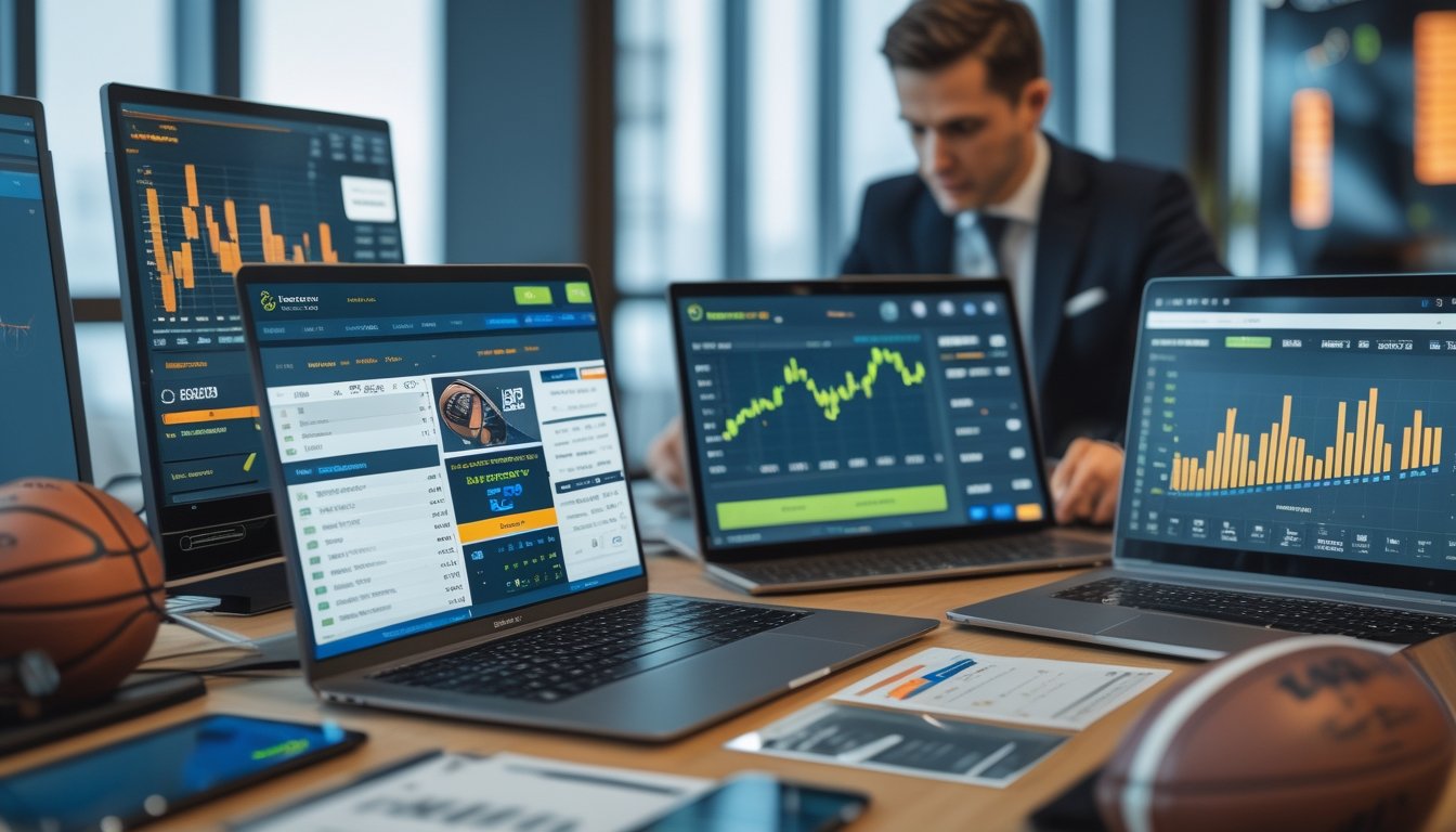 Seorang profesional bekerja dengan perangkat digital yang menampilkan data taruhan olahraga online dan grafik perkembangan industri.