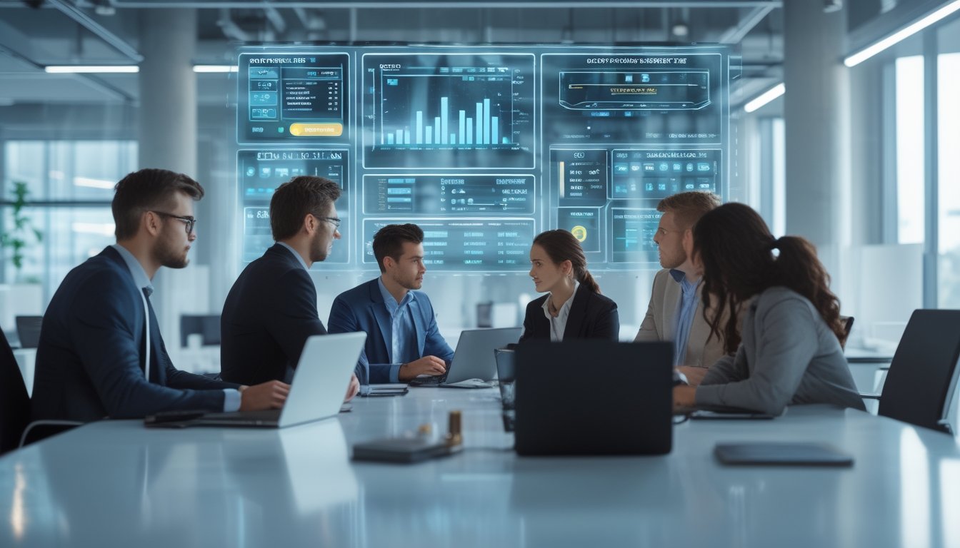 Sejumlah profesional sedang bekerja di kantor modern dengan layar digital menampilkan data taruhan olahraga dan grafik, menunjukkan transformasi digital dalam industri taruhan olahraga.
