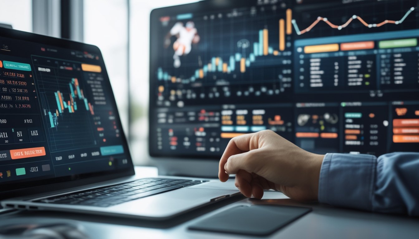 Seseorang sedang menganalisis data taruhan olahraga di depan layar digital dengan berbagai jenis odds dan grafik taruhan olahraga.