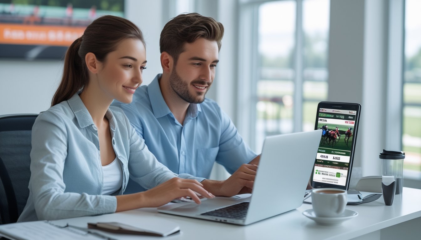Dua orang muda sedang duduk di meja modern sambil menggunakan laptop untuk meneliti platform taruhan pacuan kuda dengan latar belakang kantor yang terang.