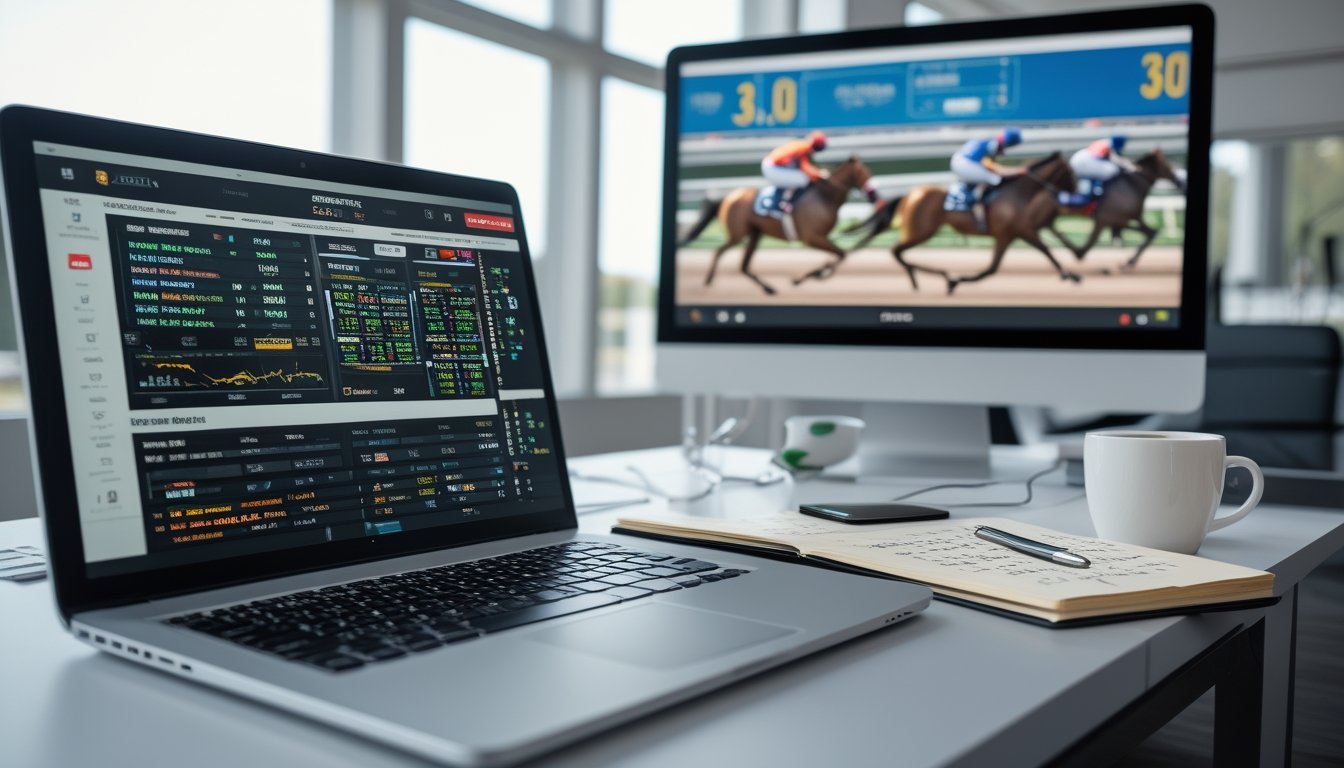 Seseorang sedang bekerja di meja dengan laptop yang menampilkan data odds taruhan pacuan kuda dan layar besar menayangkan balapan kuda.