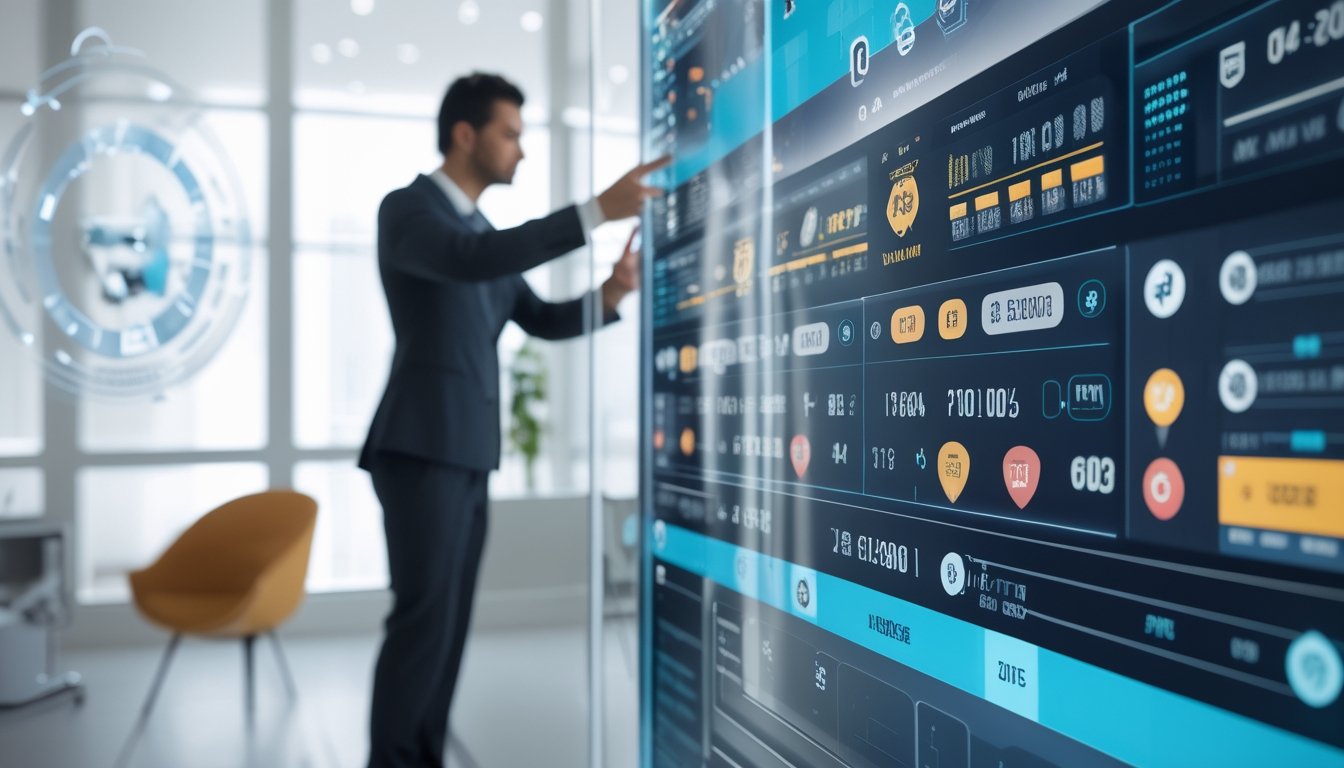 Seseorang menggunakan layar sentuh digital untuk melihat fitur platform taruhan pacuan kuda modern dalam sebuah kantor yang terang dan minimalis.