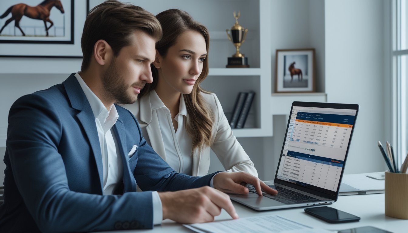 Seorang pria dan wanita berpakaian rapi sedang berdiskusi sambil melihat layar laptop yang menampilkan data pacuan kuda di sebuah kantor modern.