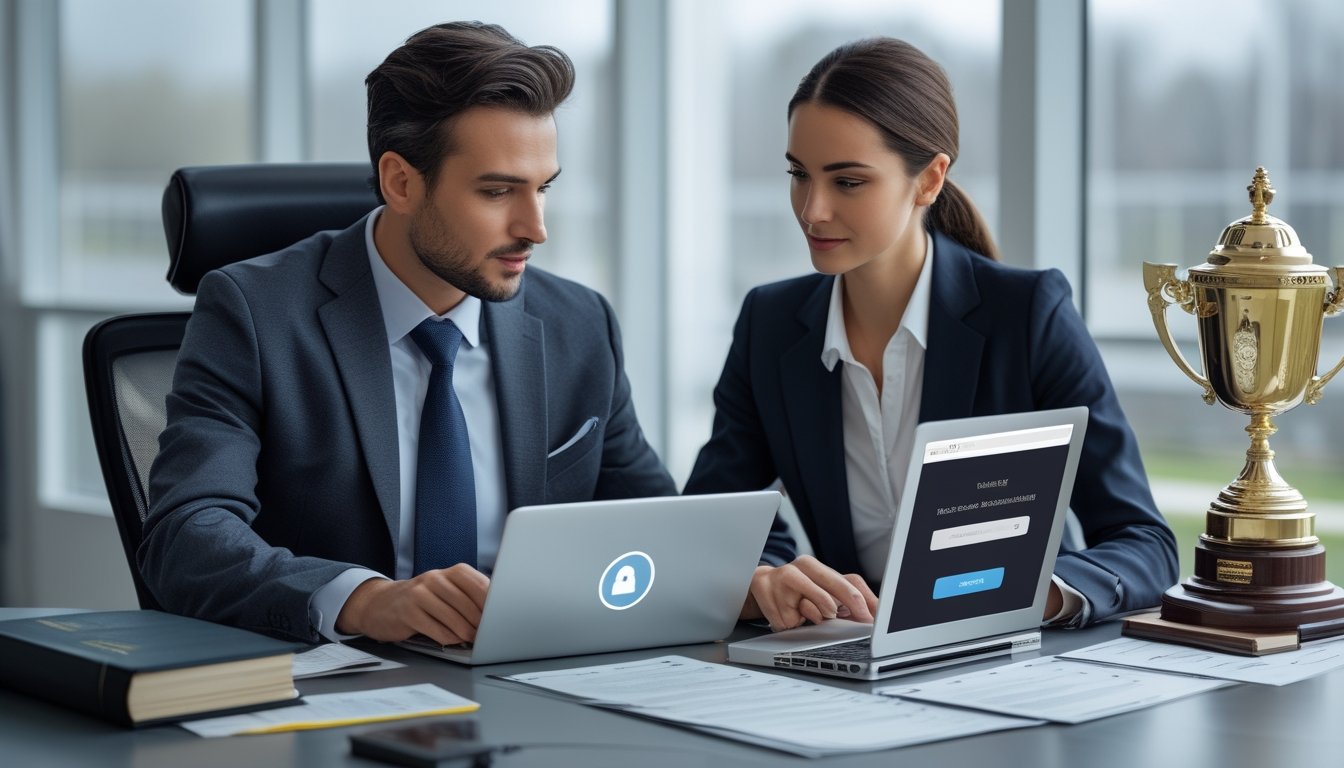 Dua orang sedang duduk di meja kantor modern, memeriksa dokumen dan perangkat digital terkait platform taruhan pacuan kuda berlisensi resmi.