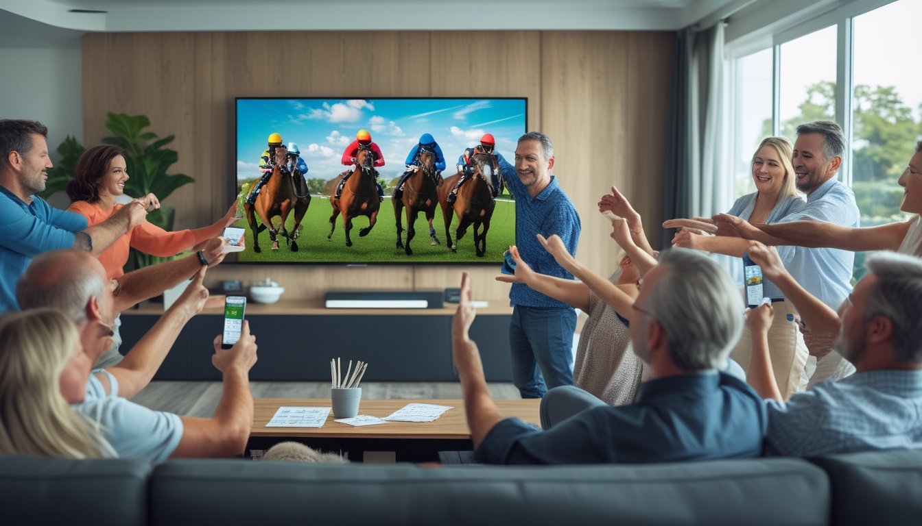 Sekelompok orang menonton balap kuda secara langsung di ruang tamu dengan layar TV besar dan menggunakan perangkat untuk memasang taruhan.