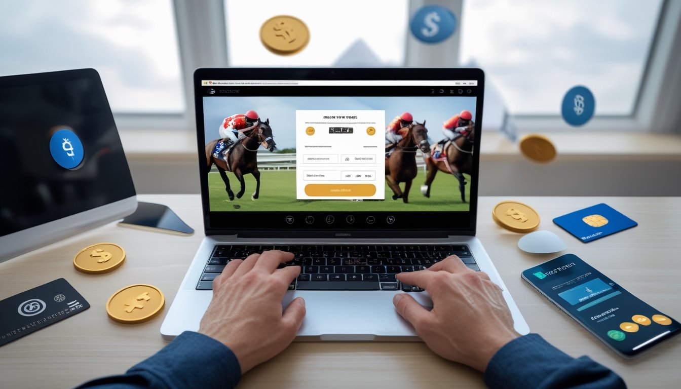Seseorang menggunakan laptop dengan layar menampilkan platform taruhan pacuan kuda online, dikelilingi oleh simbol transaksi keuangan seperti kartu kredit dan ponsel dengan aplikasi pembayaran.