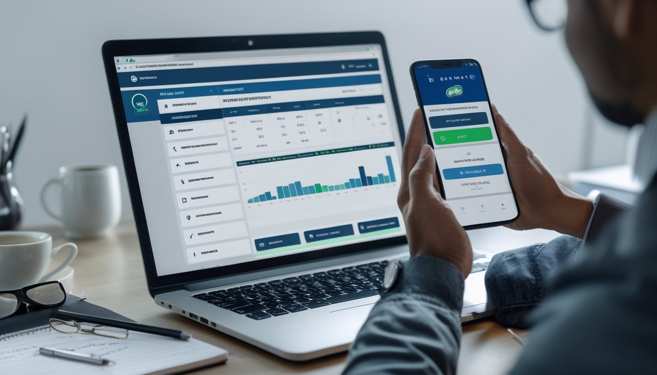 Seorang pengguna sedang menyiapkan akun untuk transaksi di platform taruhan pacuan kuda online dengan laptop dan ponsel di atas meja kerja.