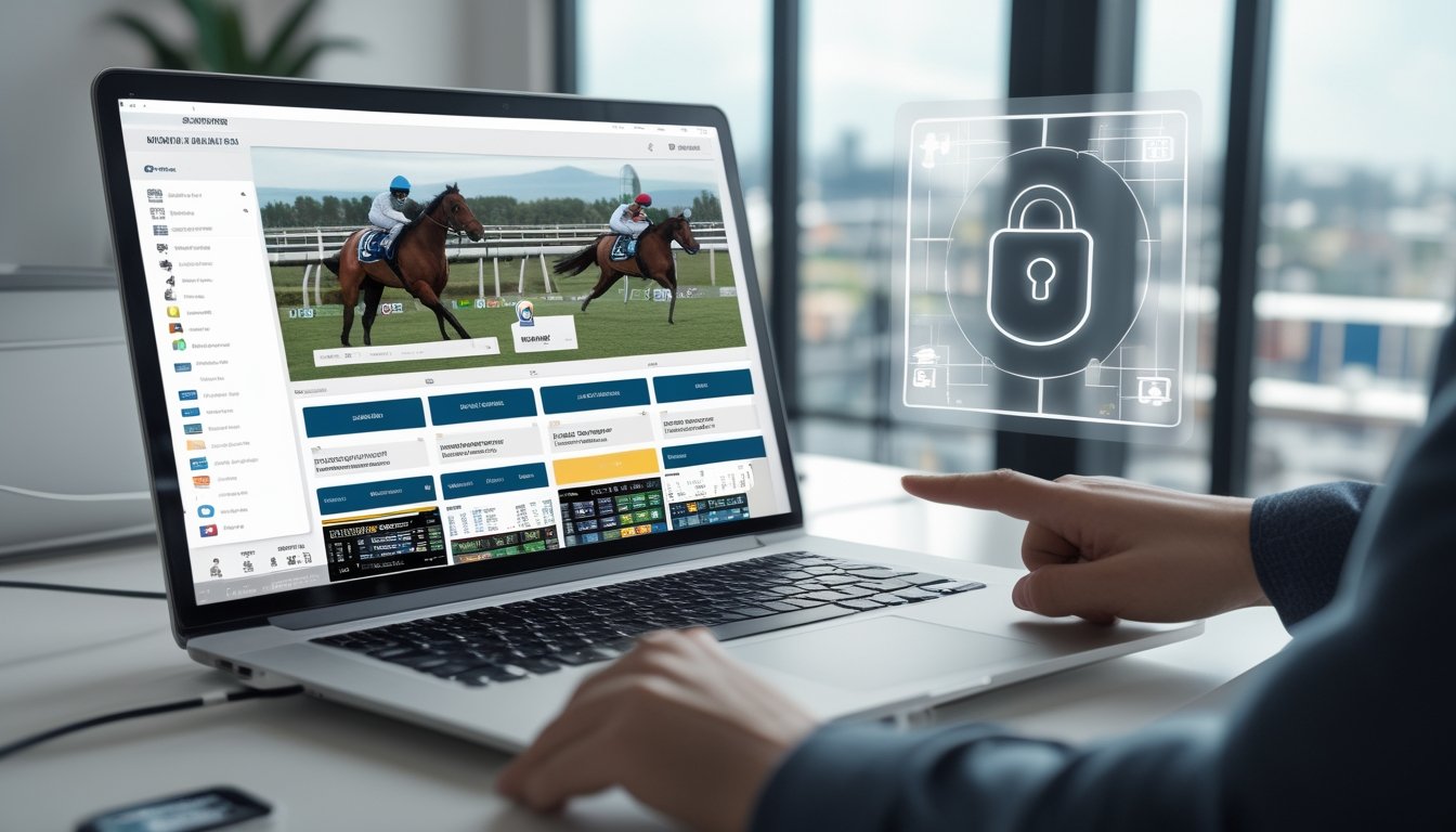 Seseorang menggunakan laptop yang menampilkan situs taruhan pacuan kuda online dengan tampilan yang jelas dan aman.