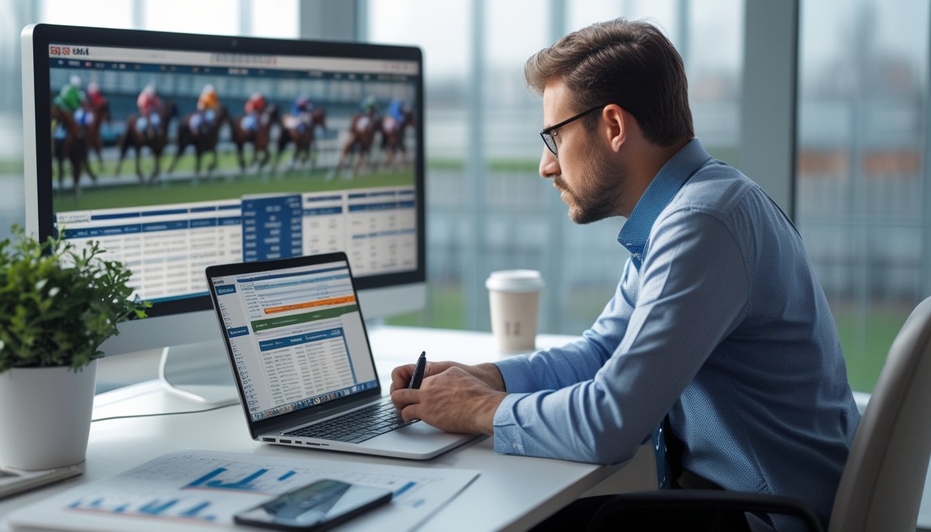 Seorang pria serius duduk di meja dengan laptop, menganalisis data pacuan kuda di layar komputer di kantor modern.