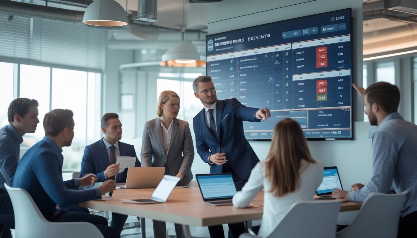 Sekelompok orang sedang berdiskusi serius di kantor dengan layar digital yang menampilkan data pacuan kuda dan statistik taruhan.