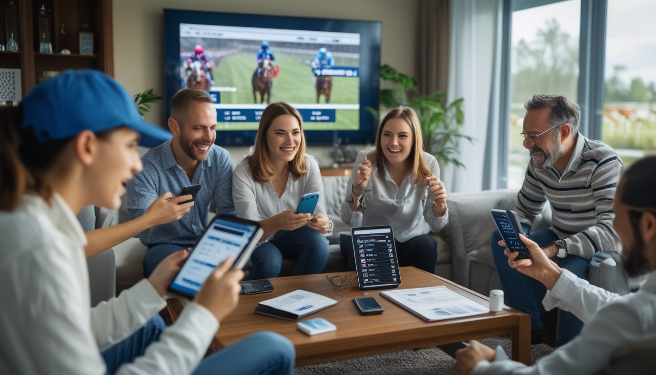 Sekelompok penggemar balap kuda sedang menggunakan perangkat digital untuk bertaruh secara online sambil menonton balapan kuda di layar besar.