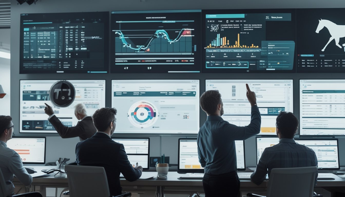 Sekelompok profesional sedang menganalisis data statistik tentang pacuan kuda di sebuah kantor modern dengan layar digital dan perangkat teknologi.