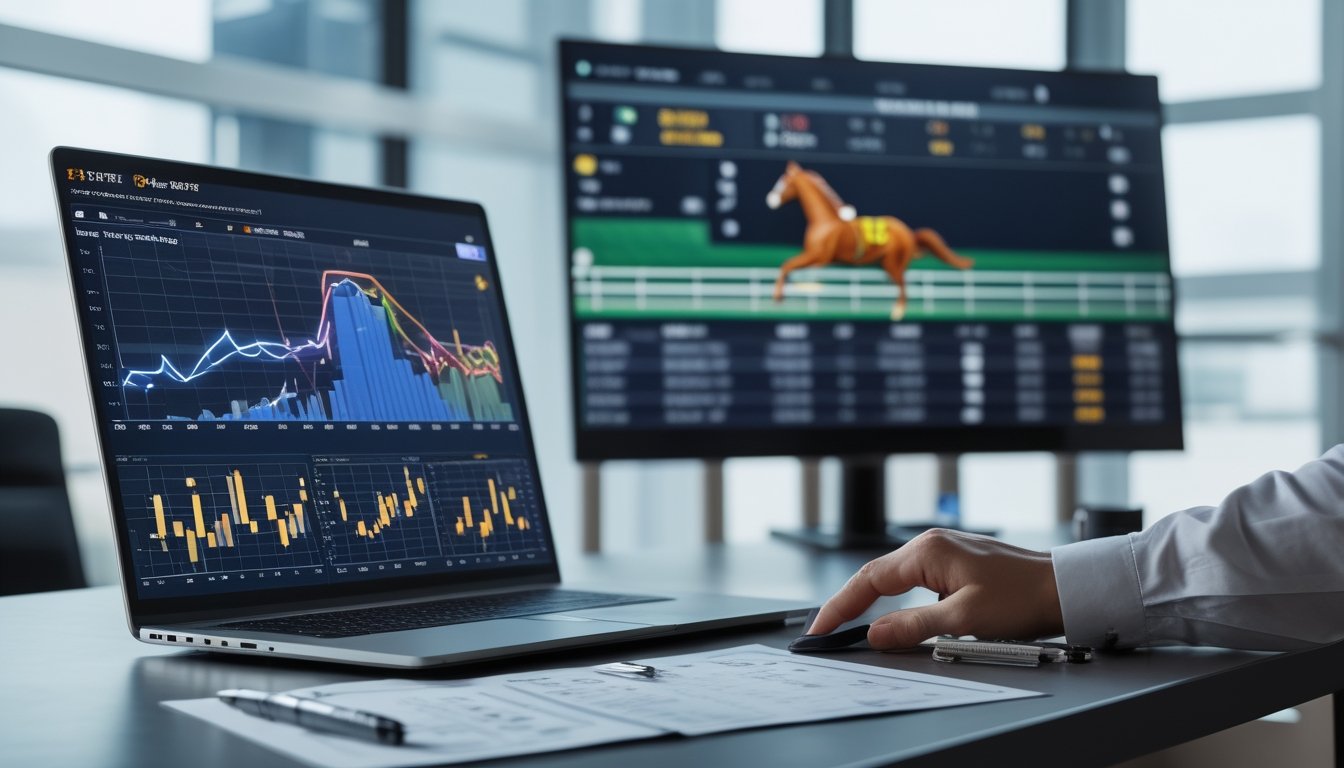 Meja kerja dengan laptop yang menampilkan grafik dan data statistik tentang pacuan kuda, dilengkapi dengan layar digital di latar belakang yang menunjukkan balapan kuda dan informasi taruhan.