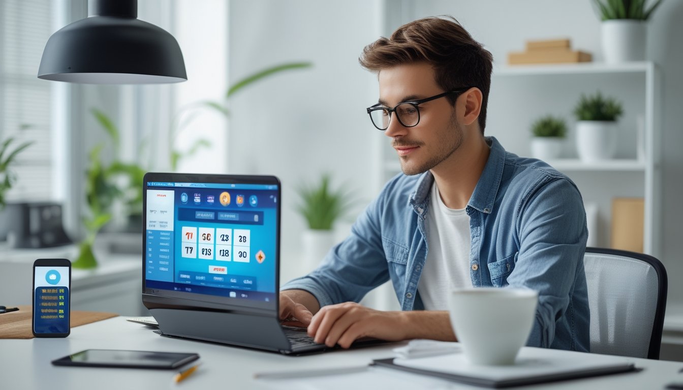 Seorang pria muda duduk di meja dengan laptop, fokus menggunakan platform taruhan togel online di ruang kerja yang terang dan rapi.
