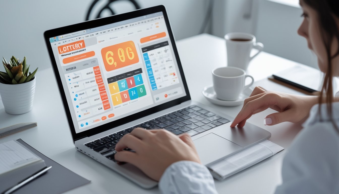 Meja kerja dengan laptop yang menampilkan platform togel online, tangan seseorang sedang menggunakan laptop, suasana terang dan rapi.
