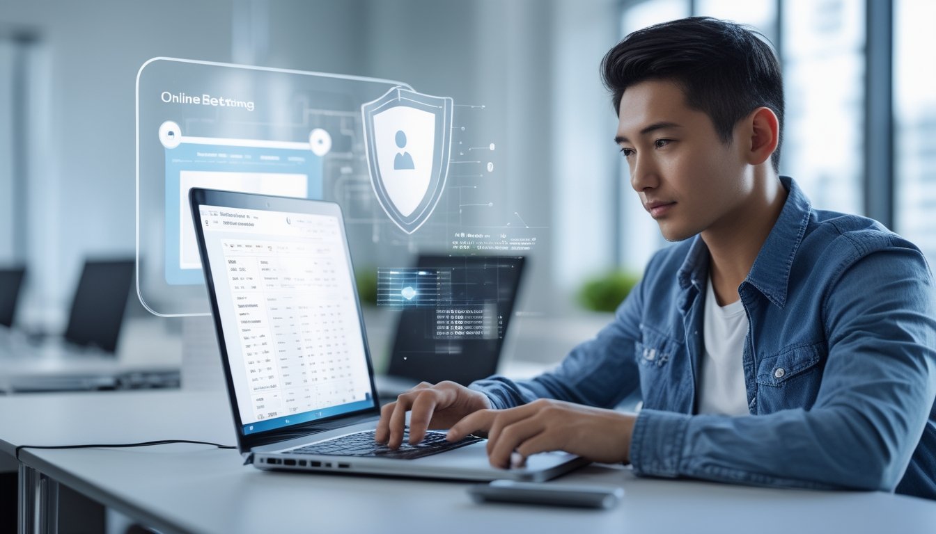 Seorang pria muda duduk di depan laptop di kantor modern, fokus menganalisis data terkait platform betting online dengan latar belakang yang menunjukkan elemen keamanan dan teknologi.