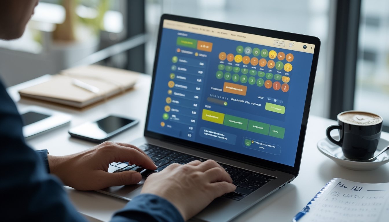 Seseorang menggunakan laptop di meja kerja dengan tampilan situs taruhan togel online, dikelilingi oleh smartphone, buku catatan, dan cangkir kopi.