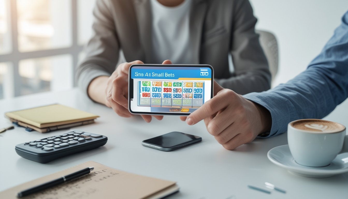 Seseorang menggunakan perangkat digital untuk memasang taruhan togel secara online di meja kerja dengan alat tulis dan kopi.