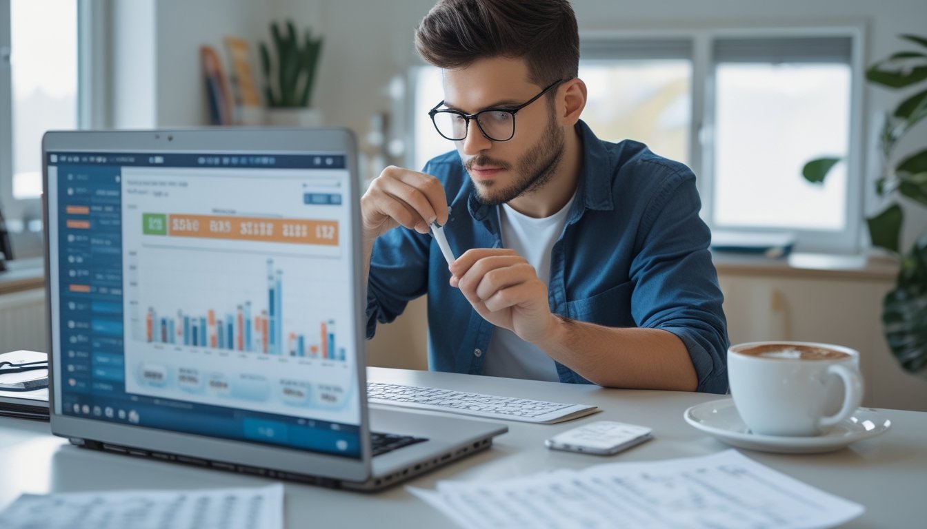 Seorang dewasa muda duduk di meja kerja dengan laptop yang menampilkan data angka, menganalisis informasi untuk taruhan togel online.
