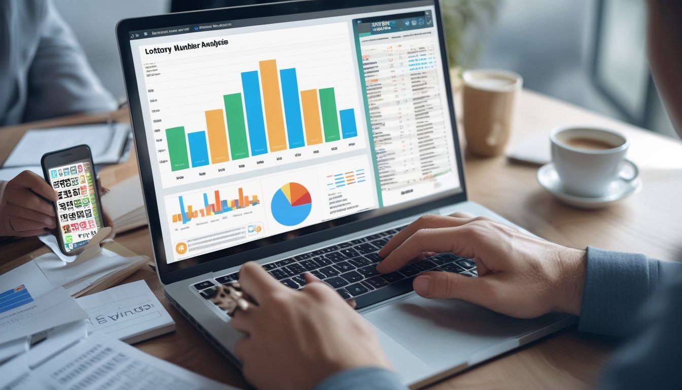 Seseorang menggunakan laptop dengan grafik angka di layar dan alat tulis di meja kerja.