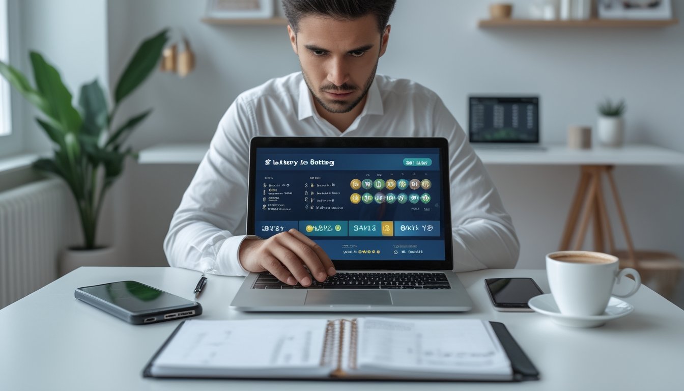 Seseorang duduk di meja dengan laptop dan smartphone, tampak fokus dan berhati-hati saat menggunakan platform taruhan togel online.