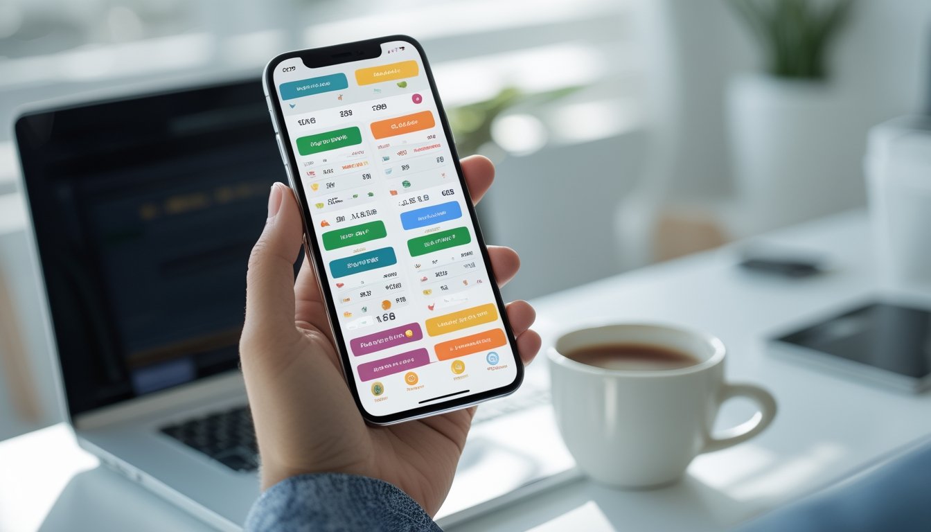 Seseorang memegang smartphone yang menampilkan aplikasi taruhan togel dengan latar belakang ruang kerja modern.