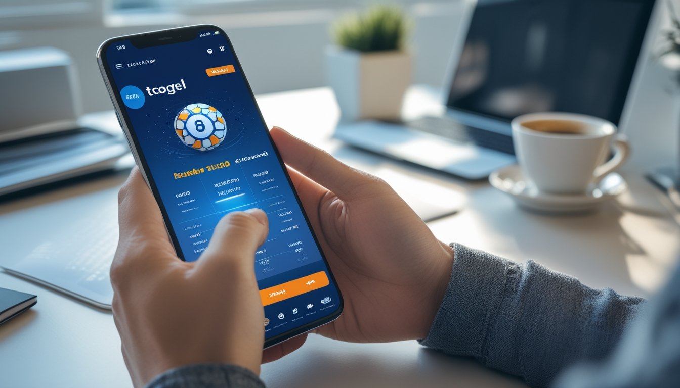Seseorang memegang smartphone dengan aplikasi taruhan togel terbuka di layar dalam suasana ruangan yang rapi dan terang.