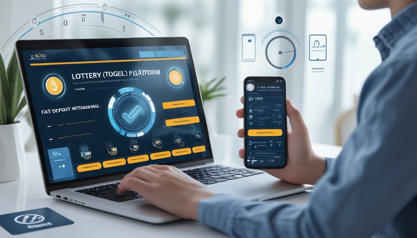 Seorang dewasa muda menggunakan laptop dan ponsel di meja kerja yang terang, menunjukkan proses deposit dan penarikan cepat pada platform taruhan togel.