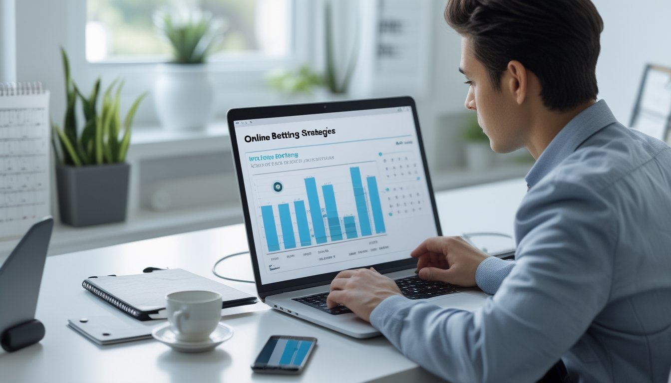 Seseorang sedang duduk di meja kerja dengan laptop dan smartphone, fokus menganalisis data terkait taruhan togel online.