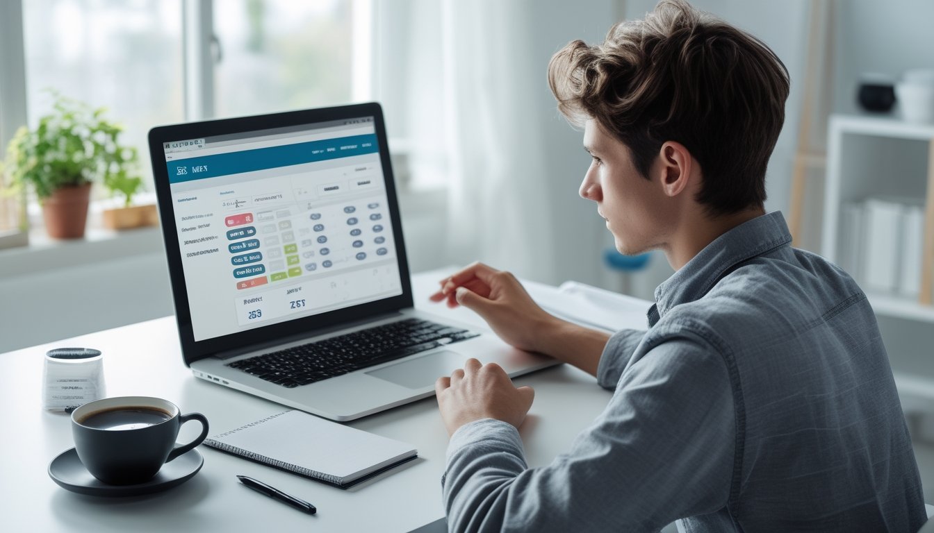 Seorang dewasa muda fokus duduk di meja dengan laptop terbuka menampilkan situs taruhan togel online, di ruang kerja rumah yang terang dan rapi.