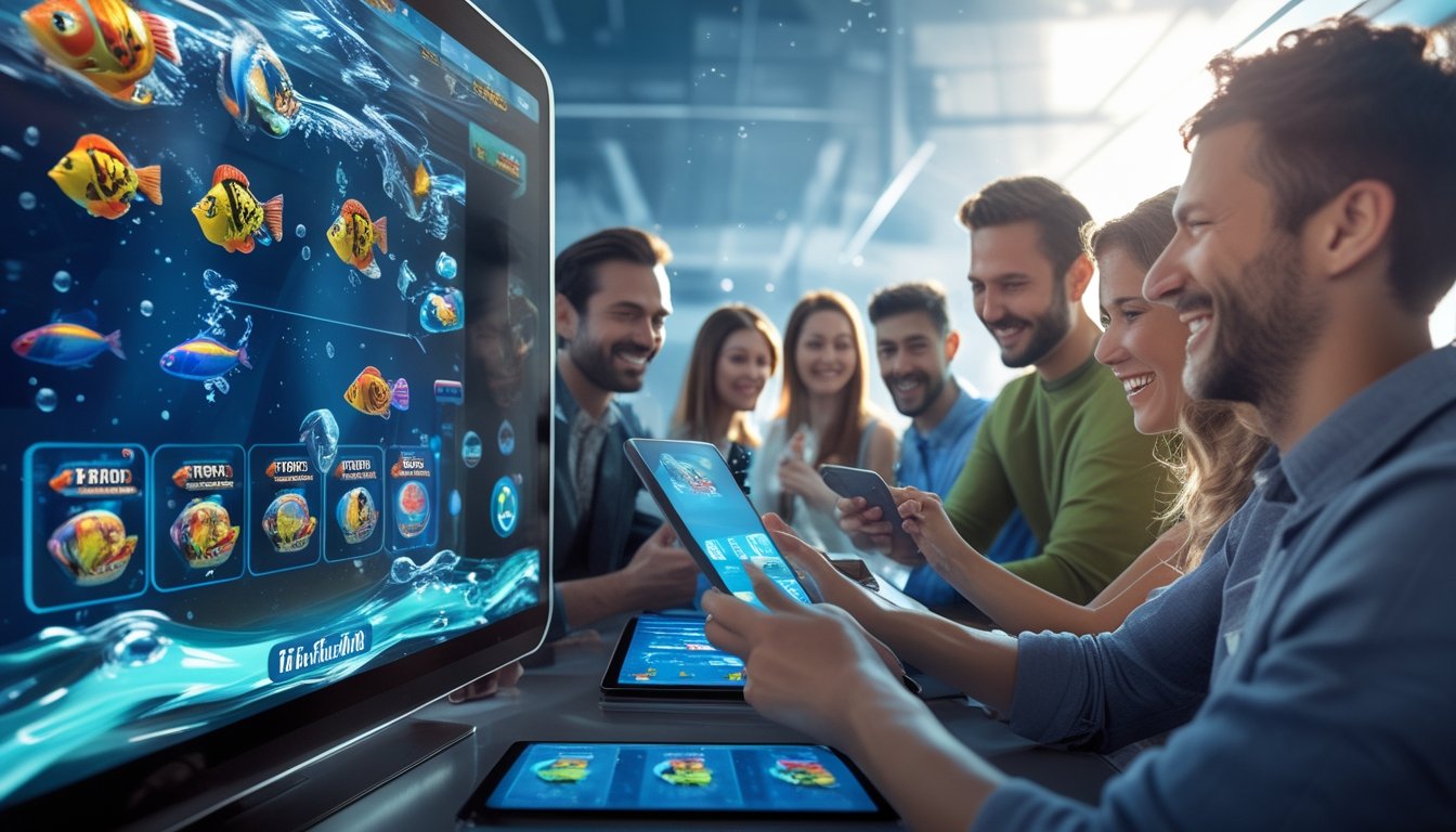 Orang-orang bermain game menembak ikan dengan antusias di perangkat digital dalam ruangan terang dengan latar bawah laut.